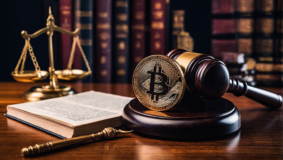 Crypto regulation. Gavel and cryptocurrency BTC Bitcoin.