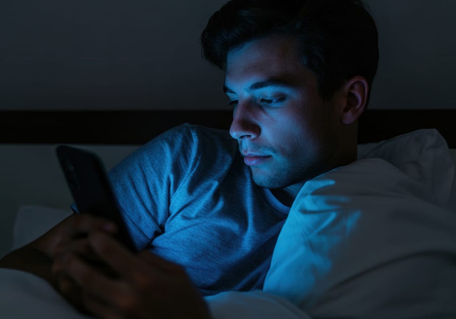 Young man lying in bed bothered by late night emails