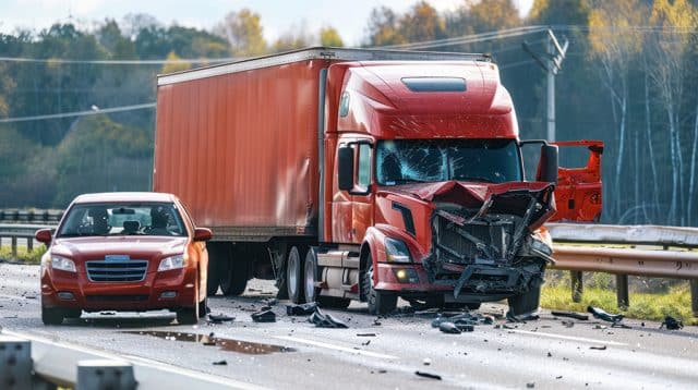 Collision of a semi truck with box trailer a passenger car on the highway --ar 16:9 Job ID: 63da1510-940c-4e87-99d6-88a4d24c7399