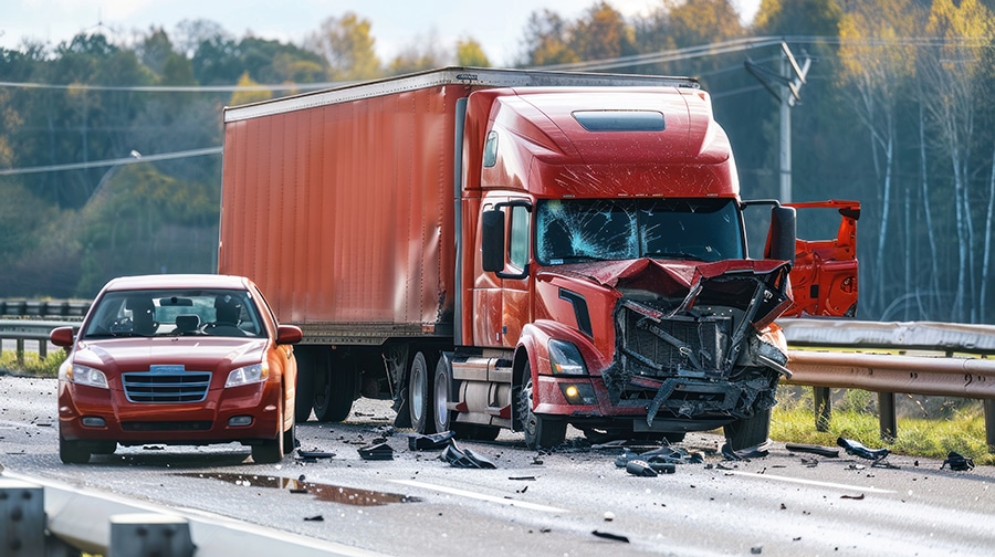 Collision of a semi truck with box trailer a passenger car on the highway