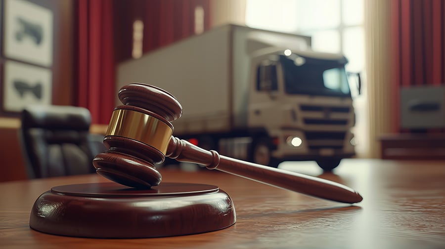 A wooden gavel sits on a wooden table in a courtroom. A truck is blurred in the background, suggesting a legal case involving a truck.