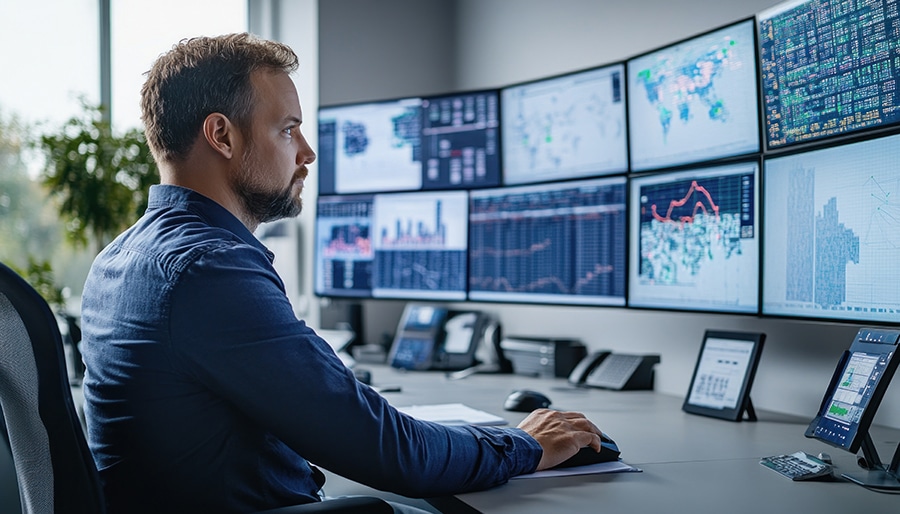Data Broker at his desk, analyzing data on multiple monitors